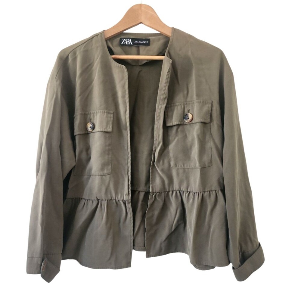 Zara Peplum Utility Jacket Women's Size Large Olive Green Ruffled Open-Front